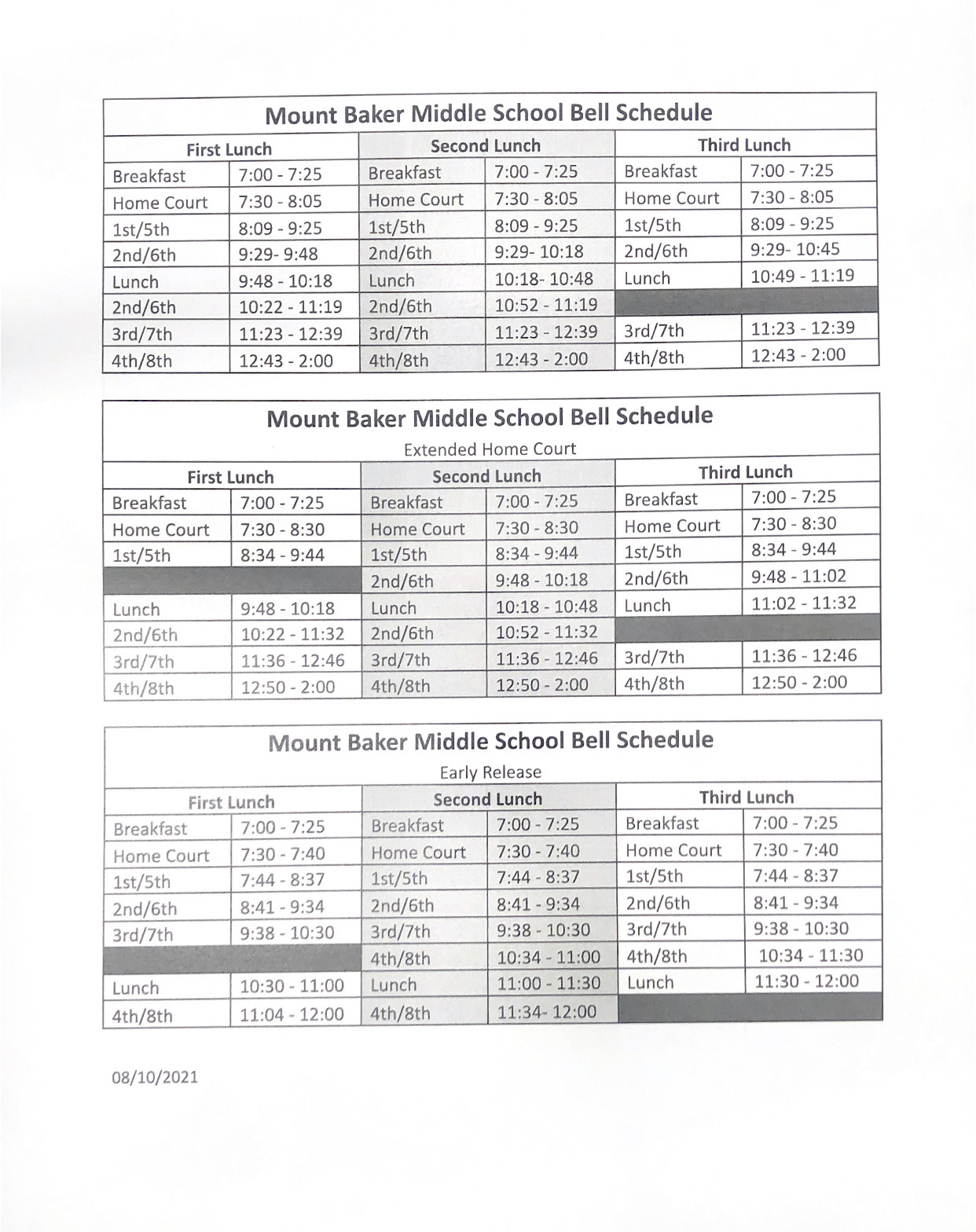 Middle School Bell Schedule 2021/2022 | Mount Baker Middle